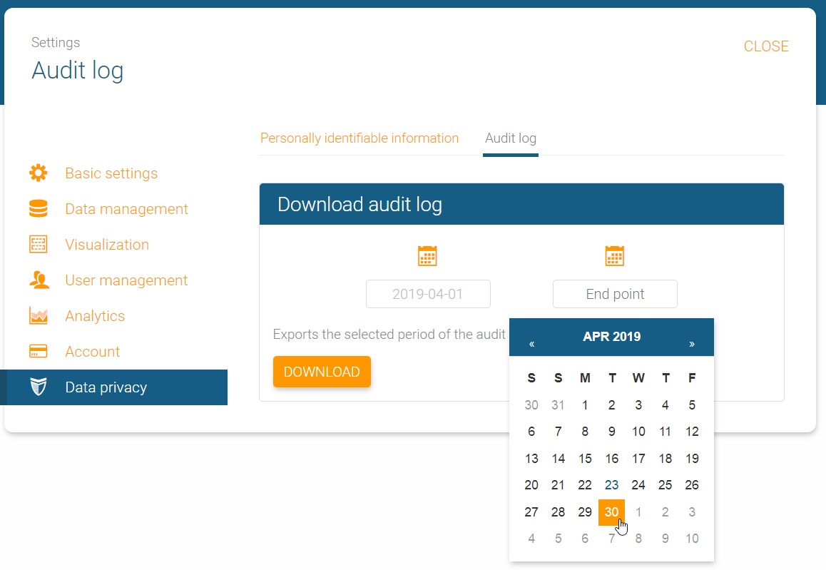 Audit log in orginio start and end point